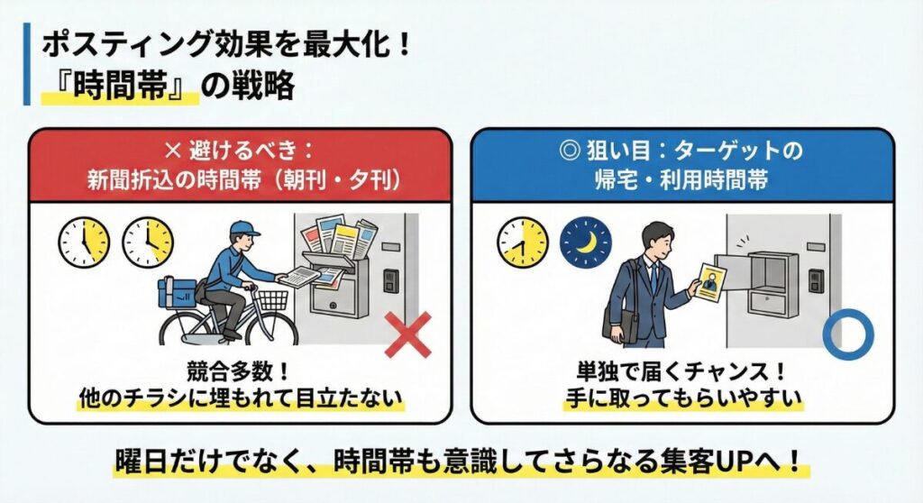 ポスティング効果を高めるため、新聞折込とターゲット利用時間帯を比較した戦略図解です。